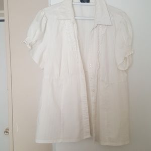 White button up ruffle front blouse